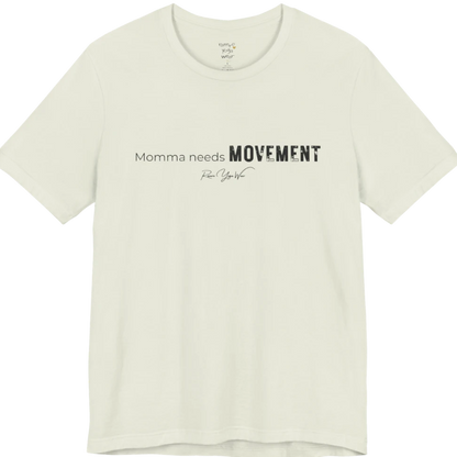 A typographic grunge tee reading "Momma needs MOVEMENT" in mixed plain and bold worn lettering — Funny Yoga Shirts collection by Ramro Yoga Wear in Citron.