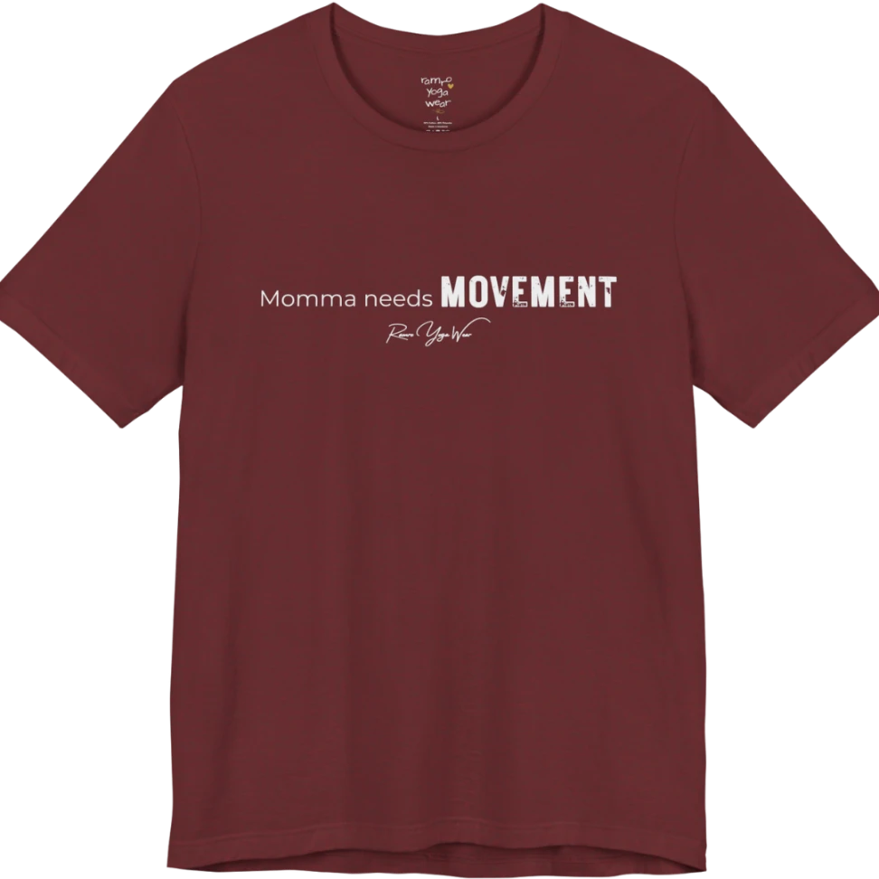 A typographic grunge tee reading "Momma needs MOVEMENT" in mixed plain and bold worn lettering — Funny Yoga Shirts collection by Ramro Yoga Wear in Heather Cardinal.