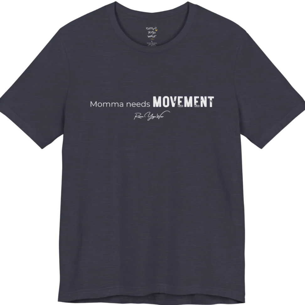 A typographic grunge tee reading "Momma needs MOVEMENT" in mixed plain and bold worn lettering — Funny Yoga Shirts collection by Ramro Yoga Wear in Heather Midnight Navy.