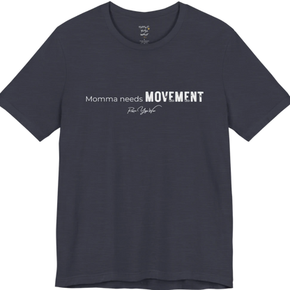 A typographic grunge tee reading "Momma needs MOVEMENT" in mixed plain and bold worn lettering — Funny Yoga Shirts collection by Ramro Yoga Wear in Heather Midnight Navy.
