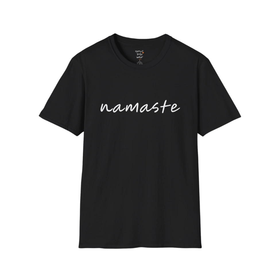 Namaste T-Shirt Black with minimalist script typography. Calm yoga shirt with grounded, mindful everyday style.
