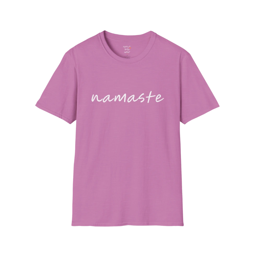 Namaste T-Shirt Heather Radiant Orchid with elegant script design. Soft, feminine yoga shirt with calm energy.