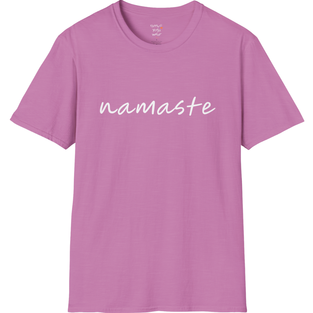 Namaste T-Shirt with soft script design — The Vault collection by Ramro Yoga Wear — Heather Radiant Orchid