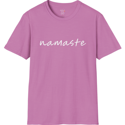 Namaste T-Shirt with soft script design — The Vault collection by Ramro Yoga Wear — Heather Radiant Orchid