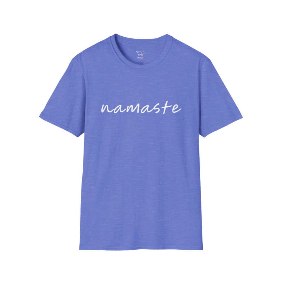 Namaste T-Shirt Heather Royal with clean script typography. Cool-toned yoga tee for effortless mindful style.