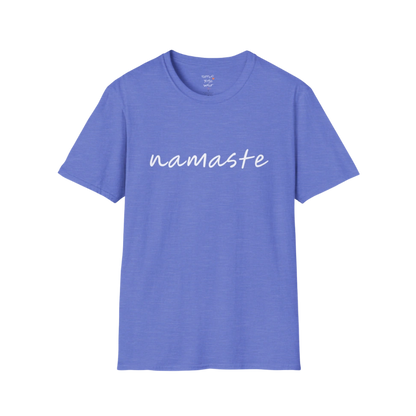 Namaste T-Shirt Heather Royal with clean script typography. Cool-toned yoga tee for effortless mindful style.