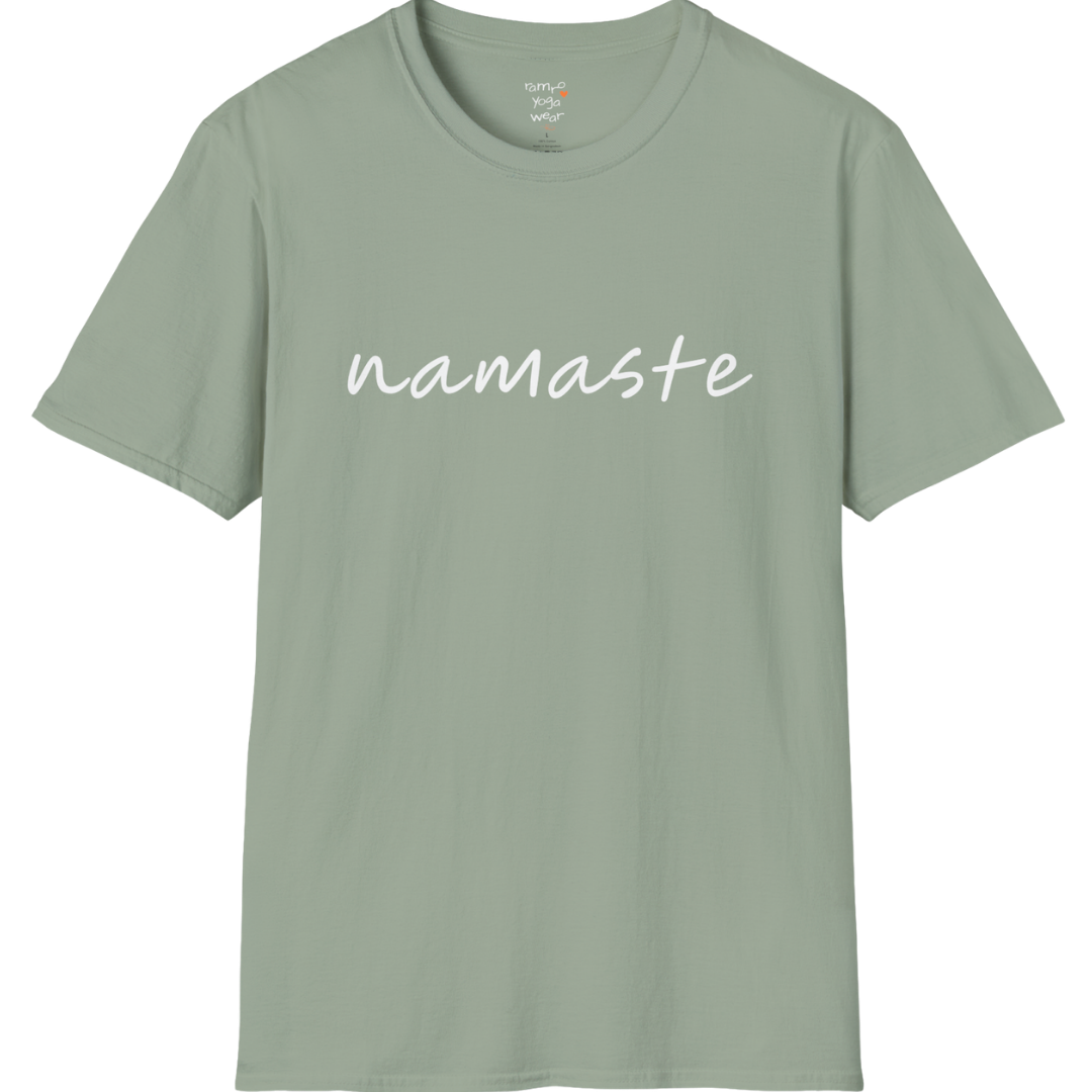 Namaste T-Shirt with soft script design — The Vault collection by Ramro Yoga Wear — Sage