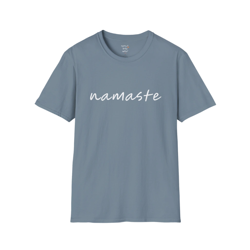 Namaste T-Shirt Stone Blue with clean script design. Soft blue yoga tee with peaceful, everyday wear appeal.