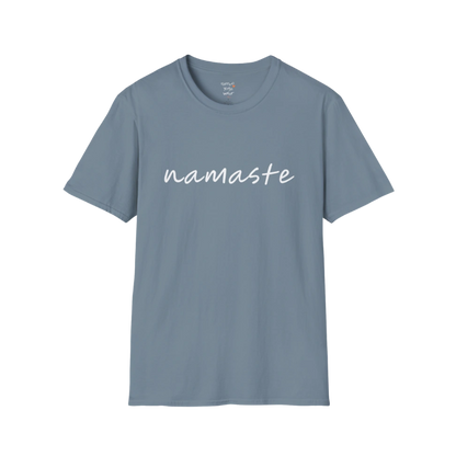 Namaste T-Shirt Stone Blue with clean script design. Soft blue yoga tee with peaceful, everyday wear appeal.