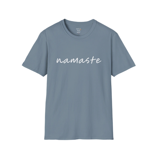 Namaste T-Shirt Stone Blue with clean script design. Soft blue yoga tee with peaceful, everyday wear appeal.