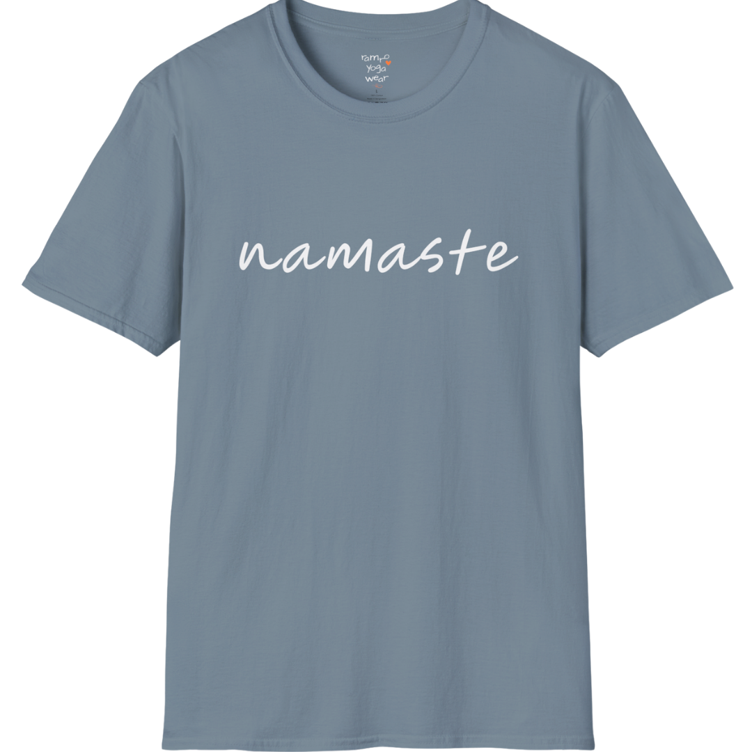 Namaste T-Shirt with soft script design — The Vault collection by Ramro Yoga Wear — Stone Blue