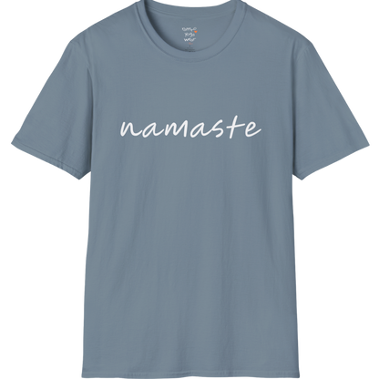Namaste T-Shirt with soft script design — The Vault collection by Ramro Yoga Wear — Stone Blue