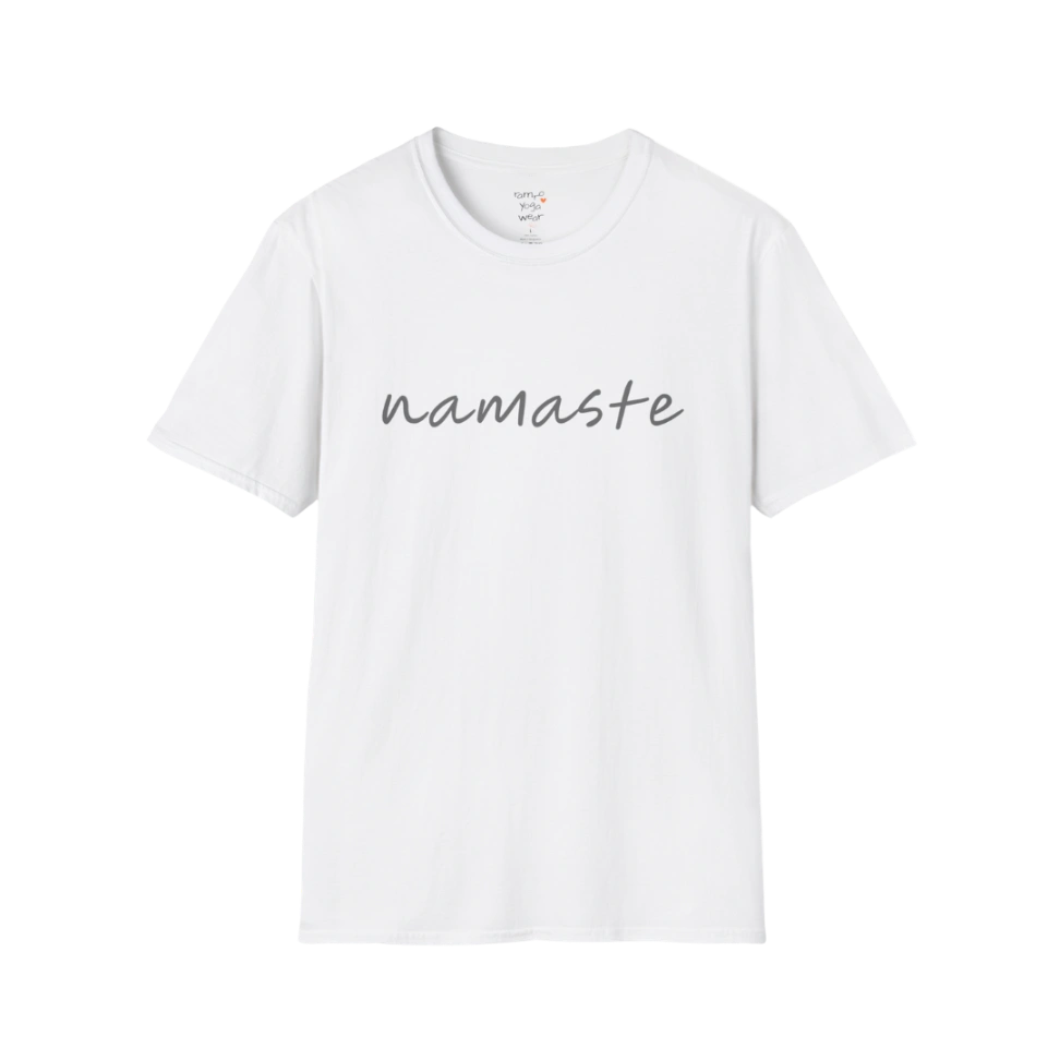 Namaste T-Shirt White with simple script typography. Fresh, minimal yoga tee with clean, mindful style.
