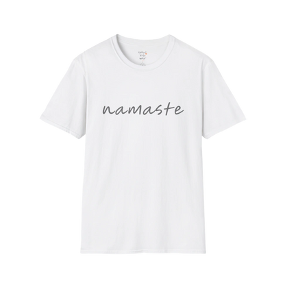 Namaste T-Shirt White with simple script typography. Fresh, minimal yoga tee with clean, mindful style.