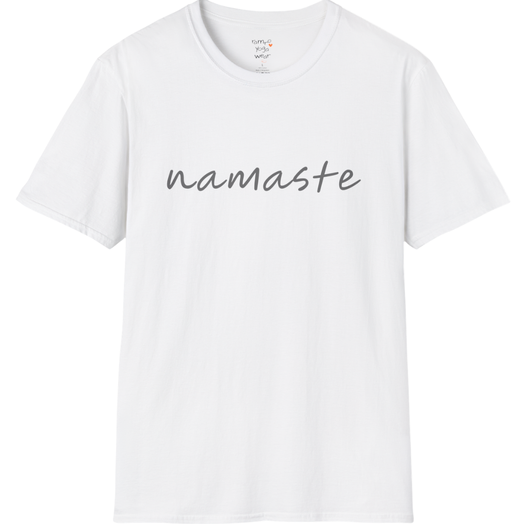 Namaste T-Shirt with soft script design — The Vault collection by Ramro Yoga Wear — White