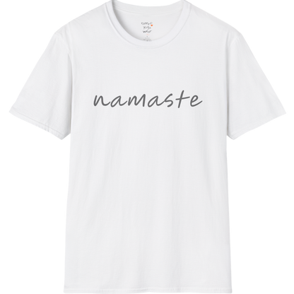 Namaste T-Shirt with soft script design — The Vault collection by Ramro Yoga Wear — White