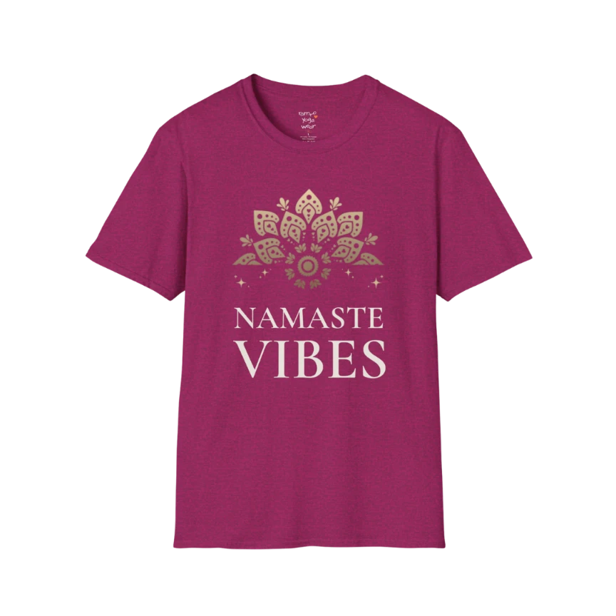 Ornate gold lotus crest above “NAMASTE VIBES” vintage typography design — The Vault collection by Ramro Yoga Wear —  Antique Heliconia