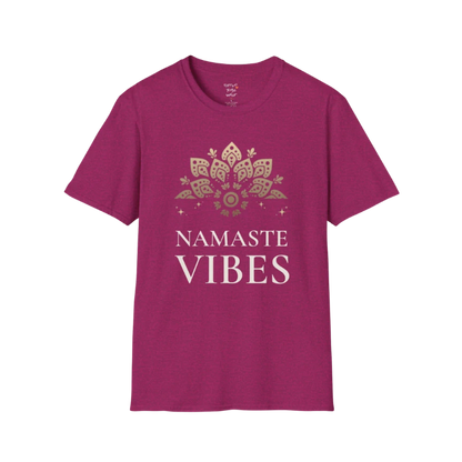 Ornate gold lotus crest above “NAMASTE VIBES” vintage typography design — The Vault collection by Ramro Yoga Wear —  Antique Heliconia