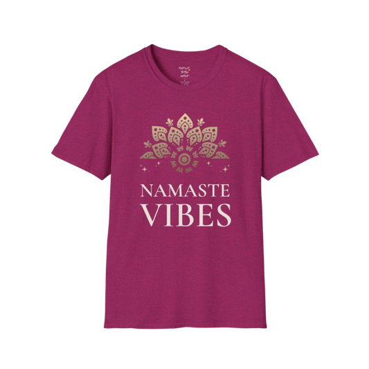 Namaste Vibes T-Shirt Antique Heliconia color features a  vintage-style yoga typography with bright playful energy and relaxed mindful aesthetic. Soft graphic tee for calm everyday living.