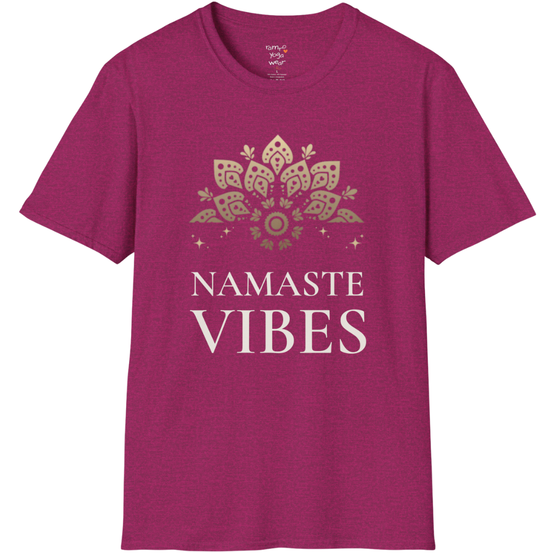 Ornate gold lotus crest above “NAMASTE VIBES” vintage typography design — The Vault collection by Ramro Yoga Wear —  Antique Heliconia