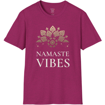 Ornate gold lotus crest above “NAMASTE VIBES” vintage typography design — The Vault collection by Ramro Yoga Wear —  Antique Heliconia