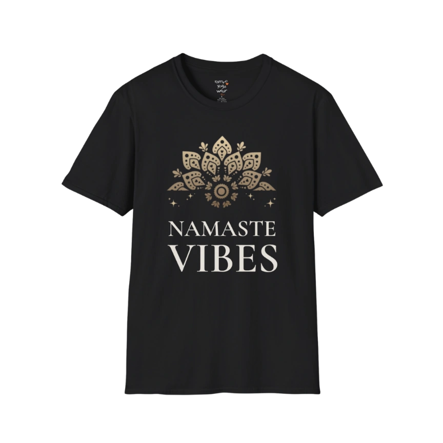 Ornate gold lotus crest above “NAMASTE VIBES” vintage typography design — The Vault collection by Ramro Yoga Wear — Black