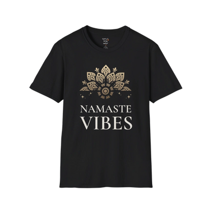 Ornate gold lotus crest above “NAMASTE VIBES” vintage typography design — The Vault collection by Ramro Yoga Wear — Black