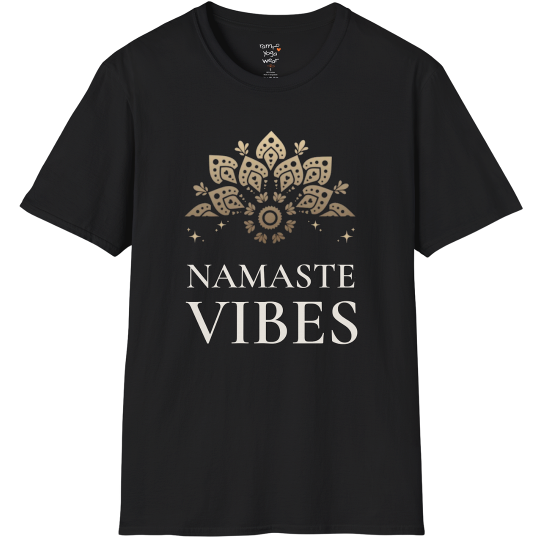 Ornate gold lotus crest above “NAMASTE VIBES” vintage typography design — The Vault collection by Ramro Yoga Wear — Black