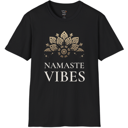 Ornate gold lotus crest above “NAMASTE VIBES” vintage typography design — The Vault collection by Ramro Yoga Wear — Black
