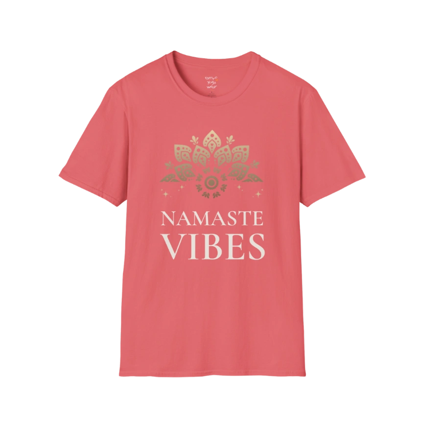 Ornate gold lotus crest above “NAMASTE VIBES” vintage typography design — The Vault collection by Ramro Yoga Wear — Coral Silk