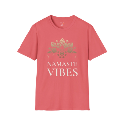 Ornate gold lotus crest above “NAMASTE VIBES” vintage typography design — The Vault collection by Ramro Yoga Wear — Coral Silk