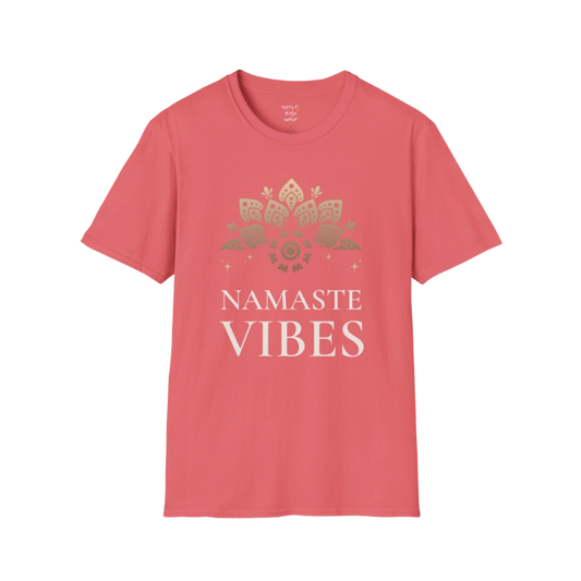 Ornate gold lotus crest above “NAMASTE VIBES” vintage typography design — The Vault collection by Ramro Yoga Wear — Coral Silk