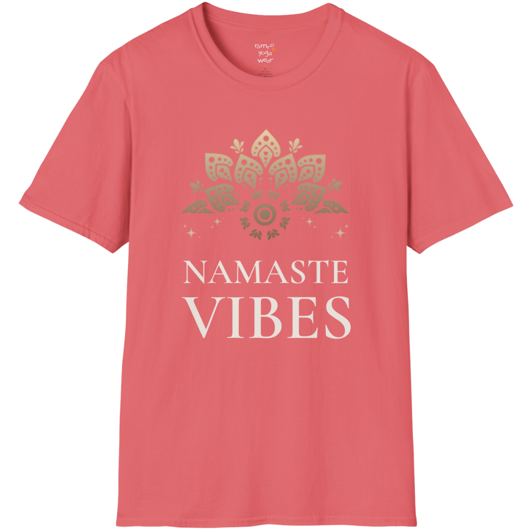 Ornate gold lotus crest above “NAMASTE VIBES” vintage typography design — The Vault collection by Ramro Yoga Wear — Coral Silk