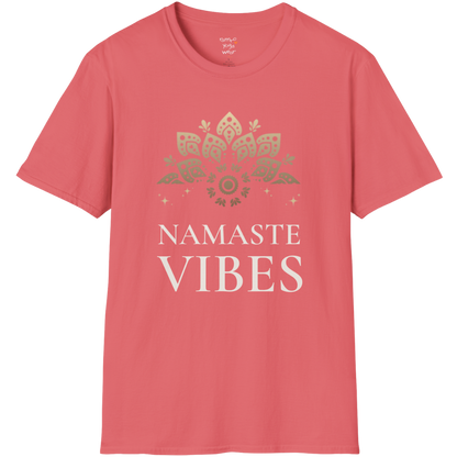 Ornate gold lotus crest above “NAMASTE VIBES” vintage typography design — The Vault collection by Ramro Yoga Wear — Coral Silk
