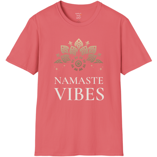 Ornate gold lotus crest above “NAMASTE VIBES” vintage typography design — The Vault collection by Ramro Yoga Wear — Coral Silk
