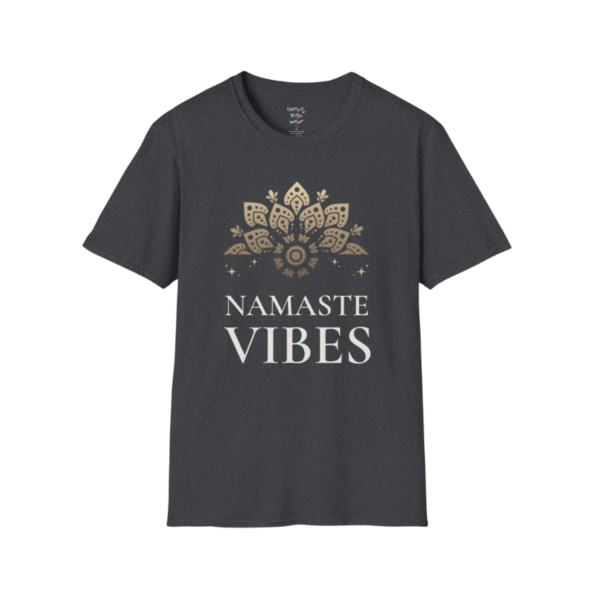 Ornate gold lotus crest above “NAMASTE VIBES” vintage typography design — The Vault collection by Ramro Yoga Wear — Dark Heather Grey