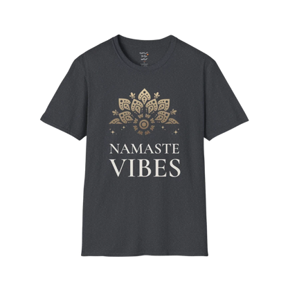 Ornate gold lotus crest above “NAMASTE VIBES” vintage typography design — The Vault collection by Ramro Yoga Wear — Dark Heather Grey
