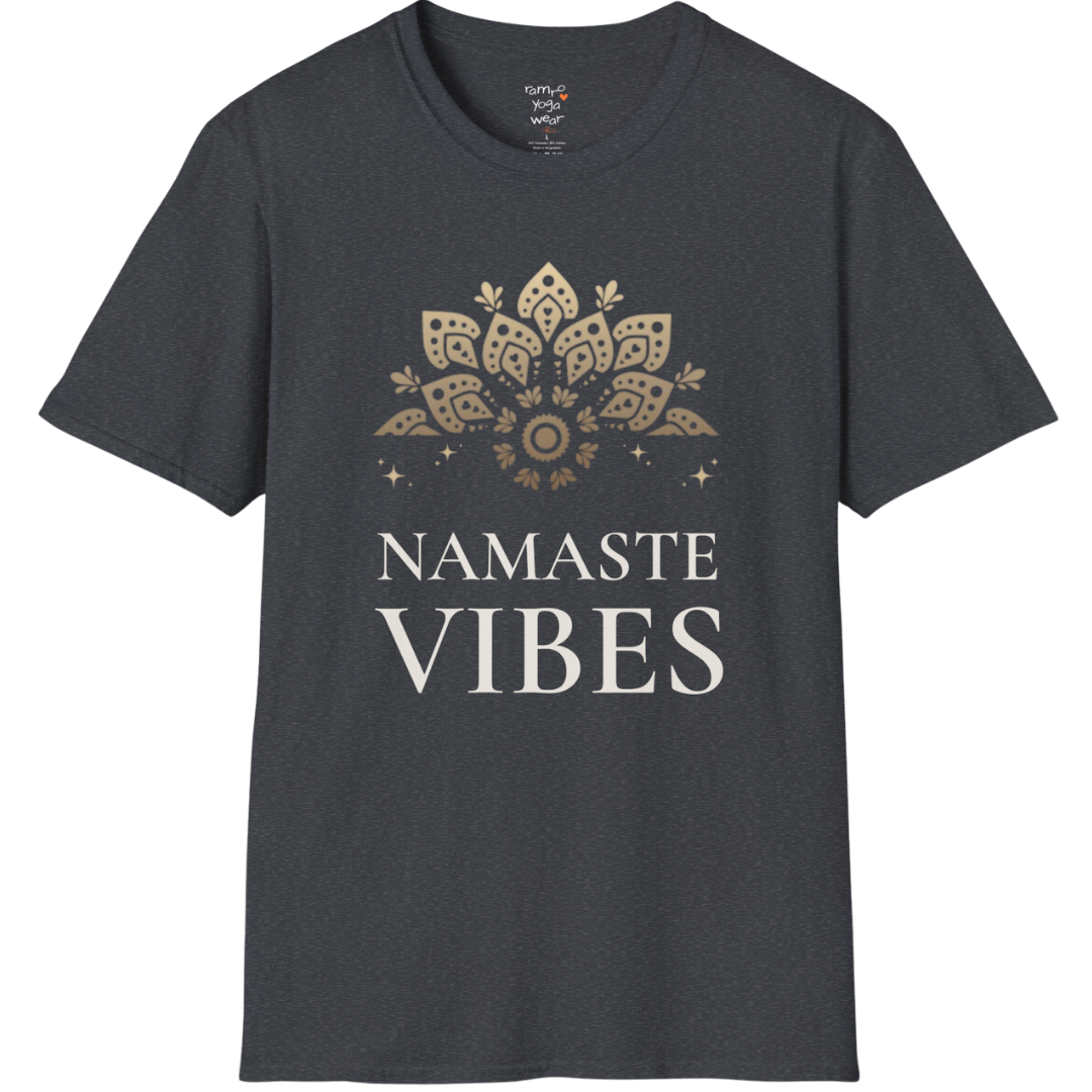 Ornate gold lotus crest above “NAMASTE VIBES” vintage typography design — The Vault collection by Ramro Yoga Wear — Dark Heather Grey