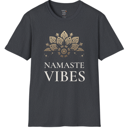Ornate gold lotus crest above “NAMASTE VIBES” vintage typography design — The Vault collection by Ramro Yoga Wear — Dark Heather Grey