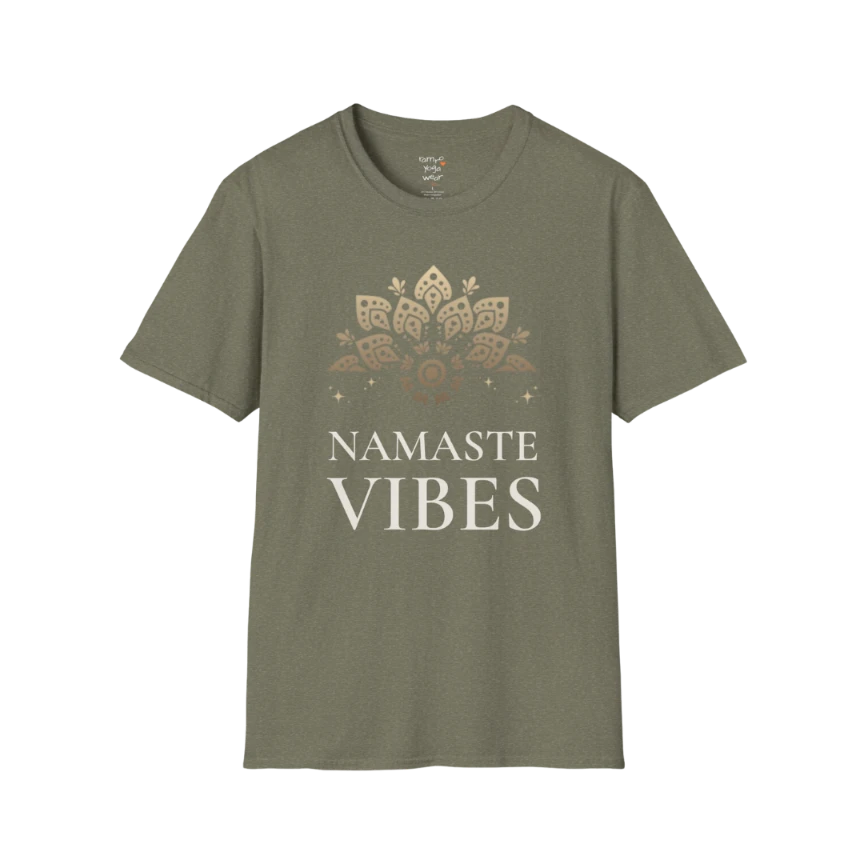 Ornate gold lotus crest above “NAMASTE VIBES” vintage typography design — The Vault collection by Ramro Yoga Wear — Heather Military Green