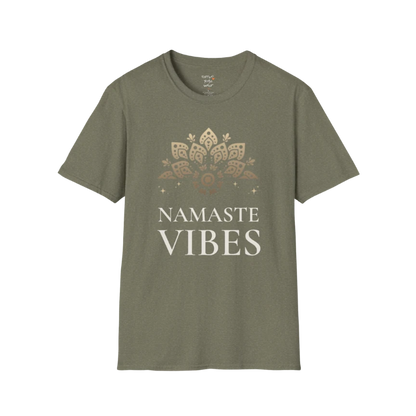 Ornate gold lotus crest above “NAMASTE VIBES” vintage typography design — The Vault collection by Ramro Yoga Wear — Heather Military Green