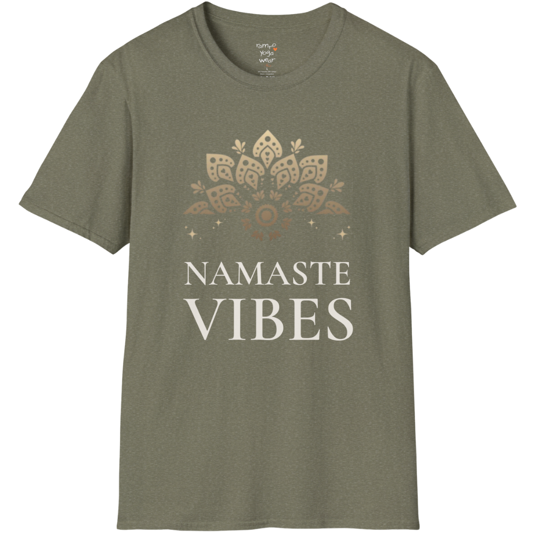 Ornate gold lotus crest above “NAMASTE VIBES” vintage typography design — The Vault collection by Ramro Yoga Wear — Heather Military Green