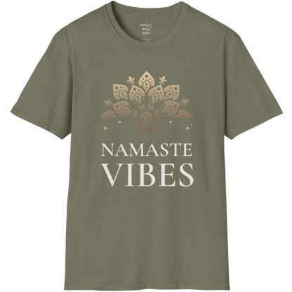Ornate gold lotus crest above “NAMASTE VIBES” vintage typography design — The Vault collection by Ramro Yoga Wear — Heather Military Green