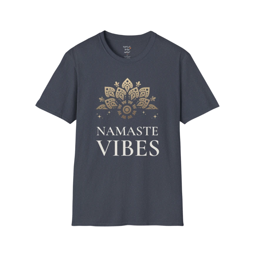 Ornate gold lotus crest above “NAMASTE VIBES” vintage typography design — The Vault collection by Ramro Yoga Wear — Heather Navy