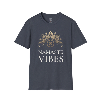 Ornate gold lotus crest above “NAMASTE VIBES” vintage typography design — The Vault collection by Ramro Yoga Wear — Heather Navy