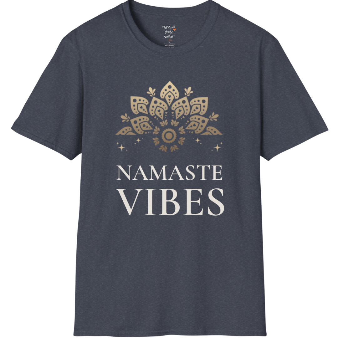 Ornate gold lotus crest above “NAMASTE VIBES” vintage typography design — The Vault collection by Ramro Yoga Wear — Heather Navy