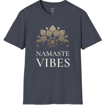 Ornate gold lotus crest above “NAMASTE VIBES” vintage typography design — The Vault collection by Ramro Yoga Wear — Heather Navy