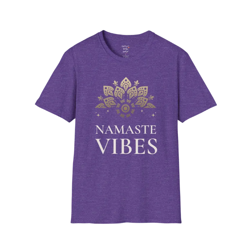 Ornate gold lotus crest above “NAMASTE VIBES” vintage typography design — The Vault collection by Ramro Yoga Wear — Heather Purple