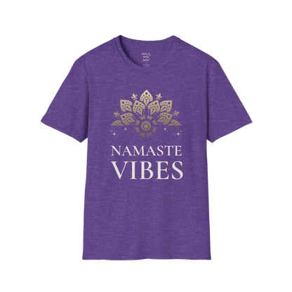 Ornate gold lotus crest above “NAMASTE VIBES” vintage typography design — The Vault collection by Ramro Yoga Wear — Heather Purple
