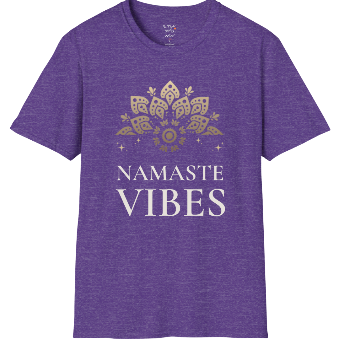 Ornate gold lotus crest above “NAMASTE VIBES” vintage typography design — The Vault collection by Ramro Yoga Wear — Heather Purple